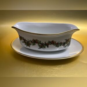 Elegant White and Gold Gravy Boat with Holly Design